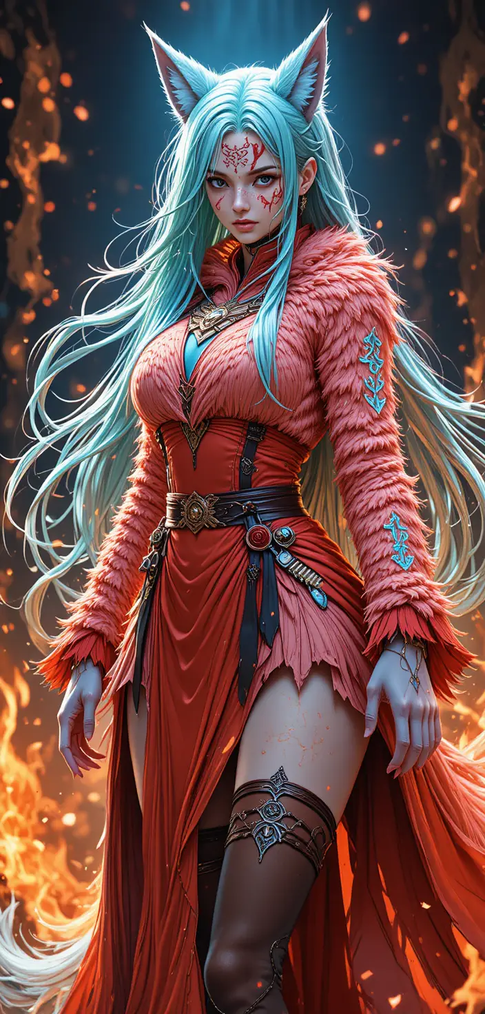 Anime fox warrior girl with flaming ritual fur markings