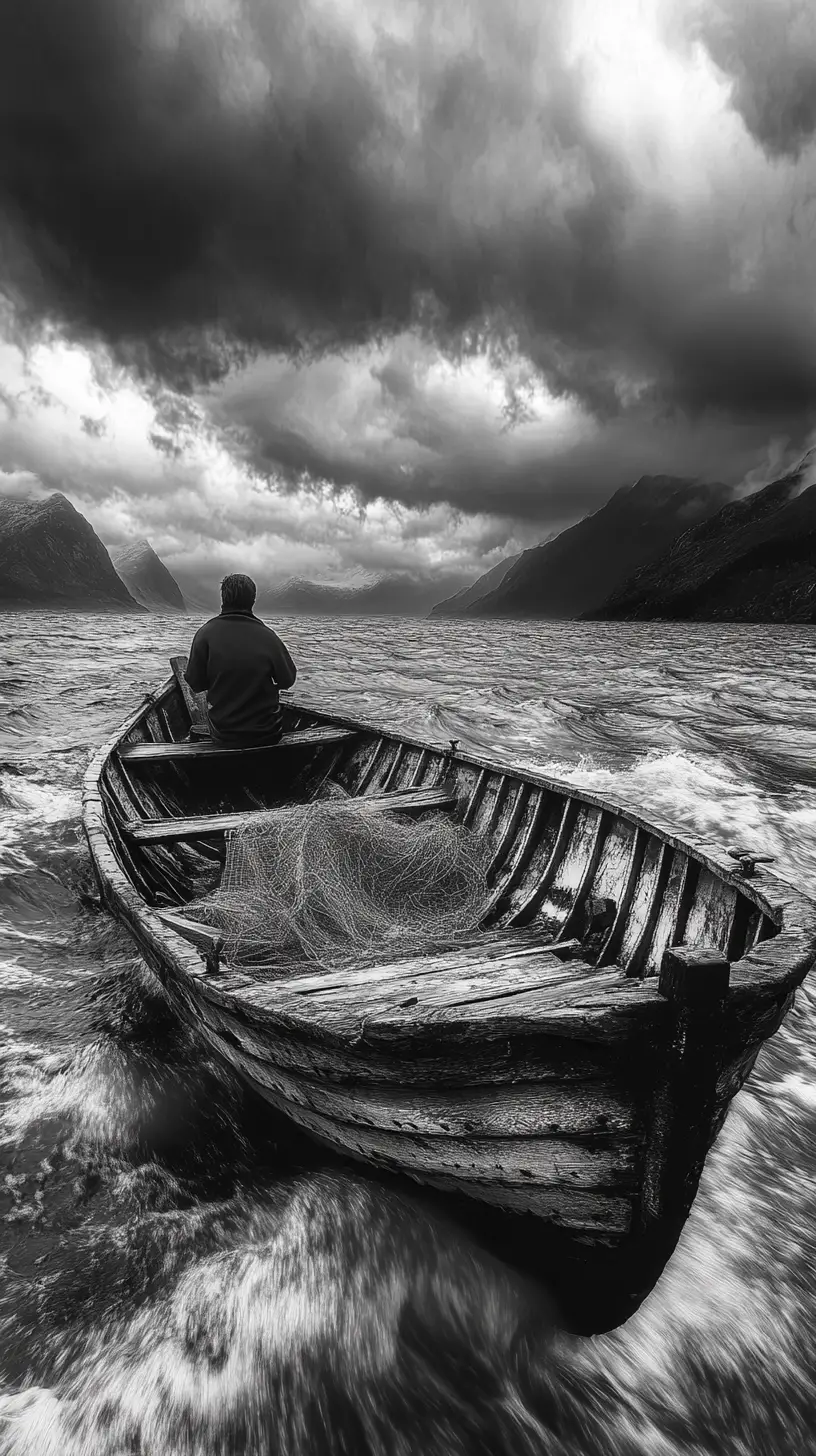 Fisherman in a rowboat on stormy mountain lake