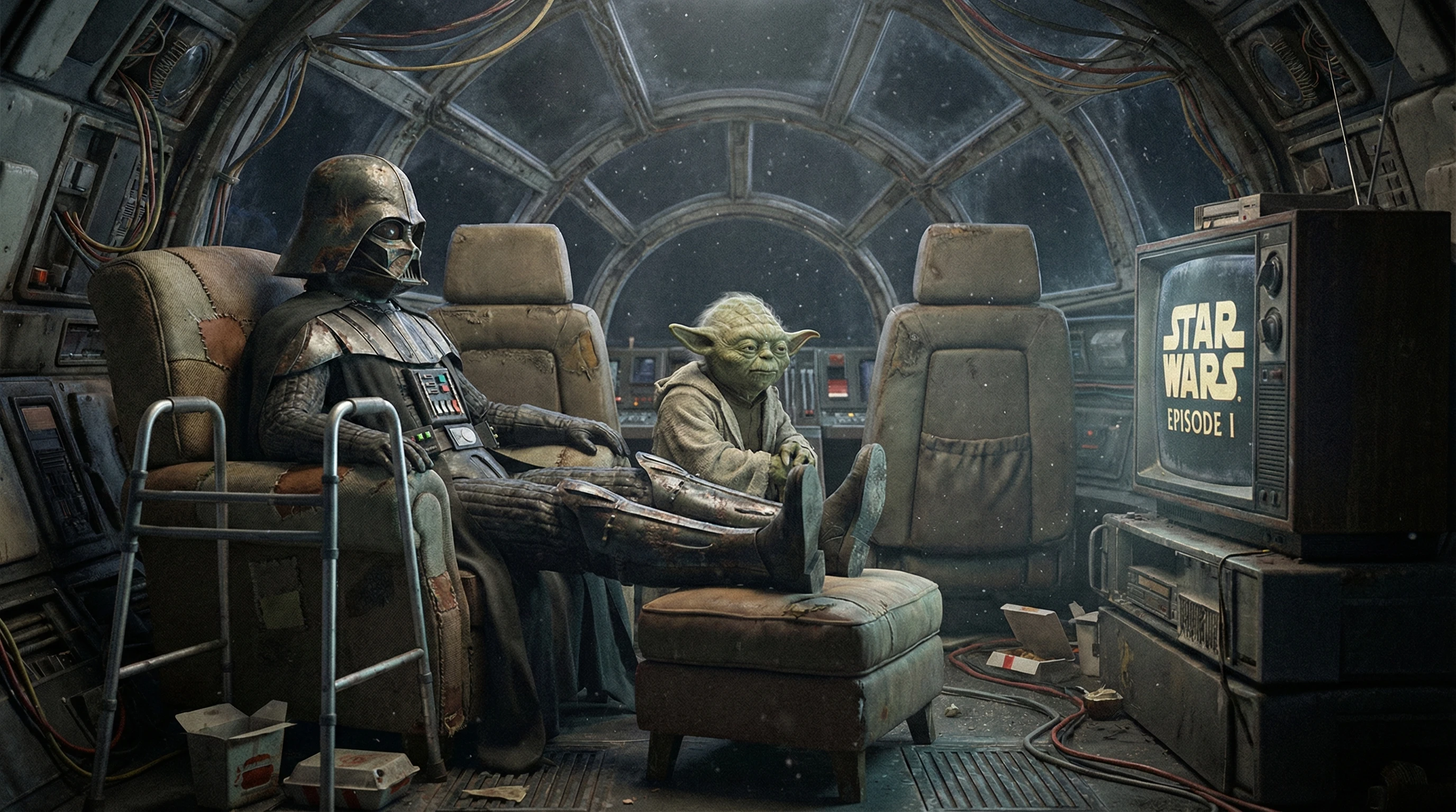 Old masked man relaxing in a worn spaceship armchair