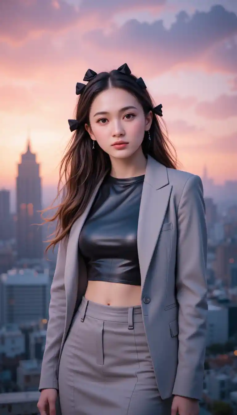 노을 진 도시 스카이라인 앞의 자신감 넘치는 젊은 여성