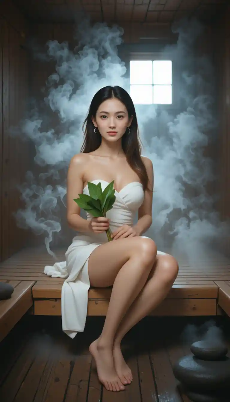 Blonde woman relaxing barefoot in a wooden sauna