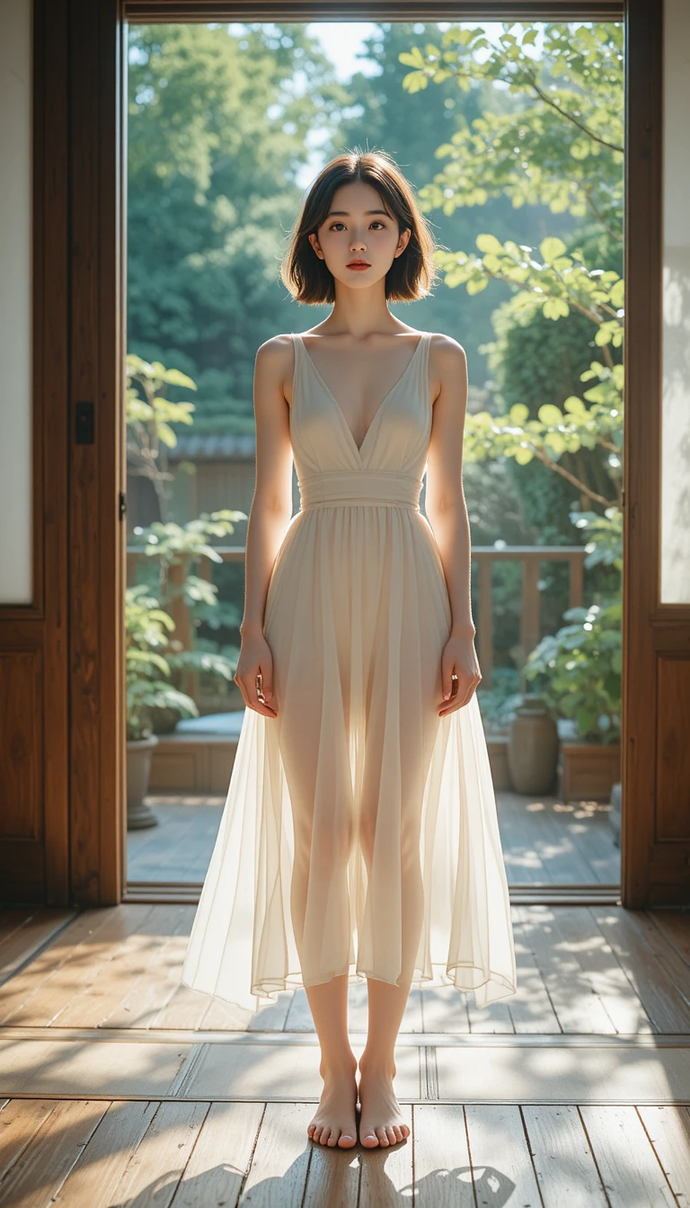 Young Korean girl in soft sunlight in a wooden room