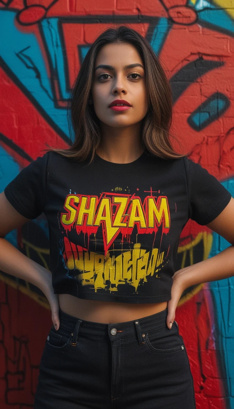 Confident blonde woman in black shazam t shirt portrait