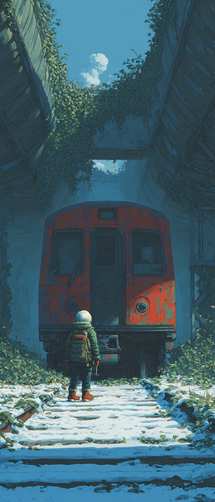 黄昏どき、止まった列車の下に隠れる吸血鬼の少年
