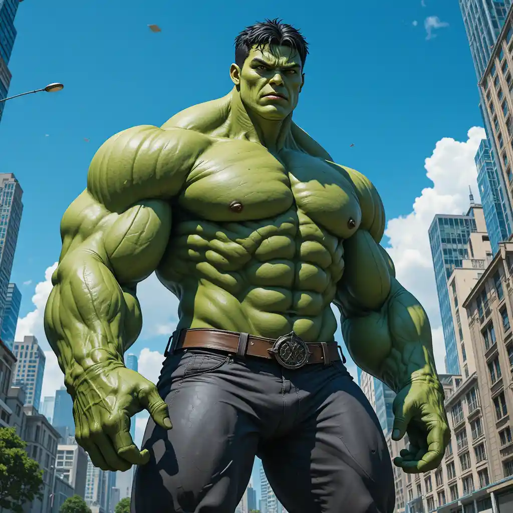 Supereroe verde e muscoloso che sovrasta una città moderna