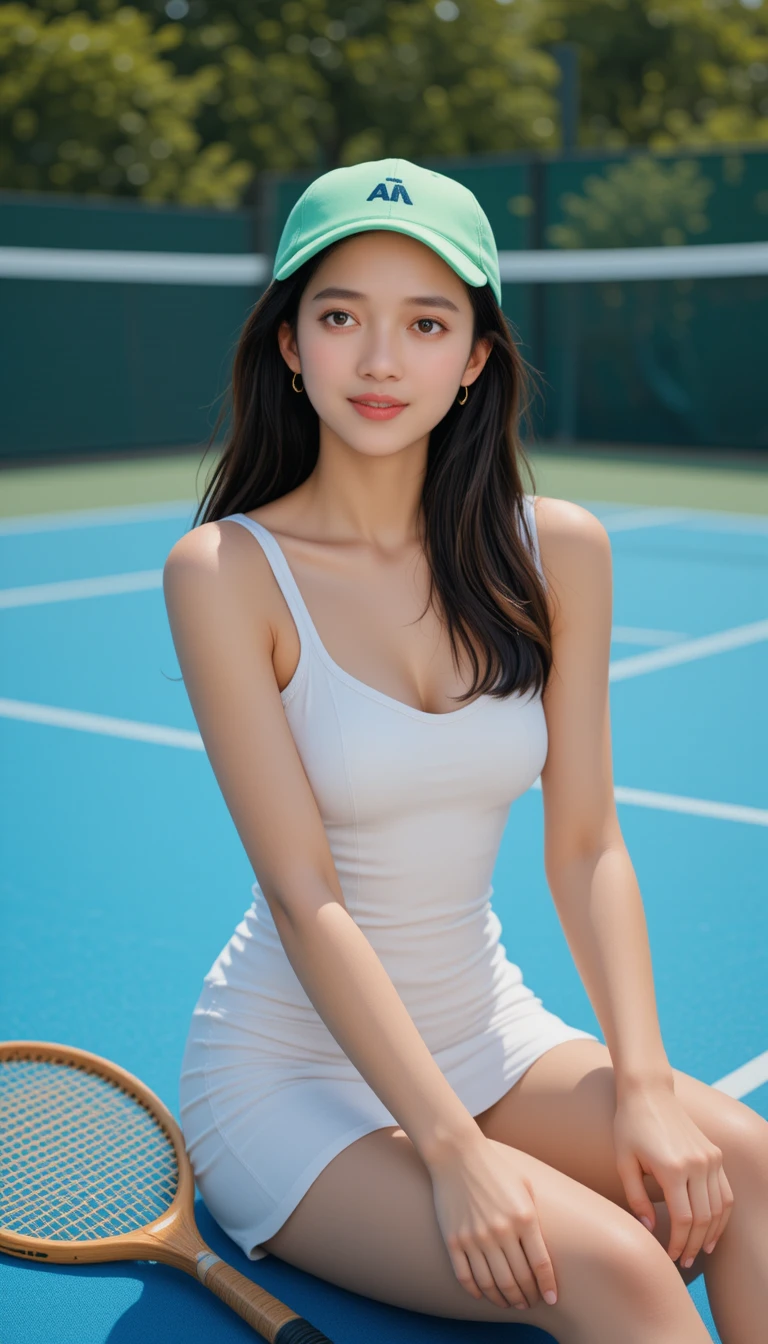 파란 야외 테니스 코트에서 휴식 중인 젊은 여성