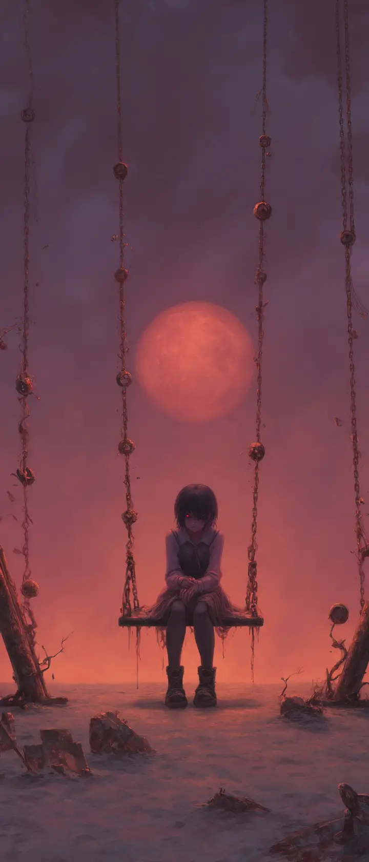 Vampire girl on a swing in an abandoned playground