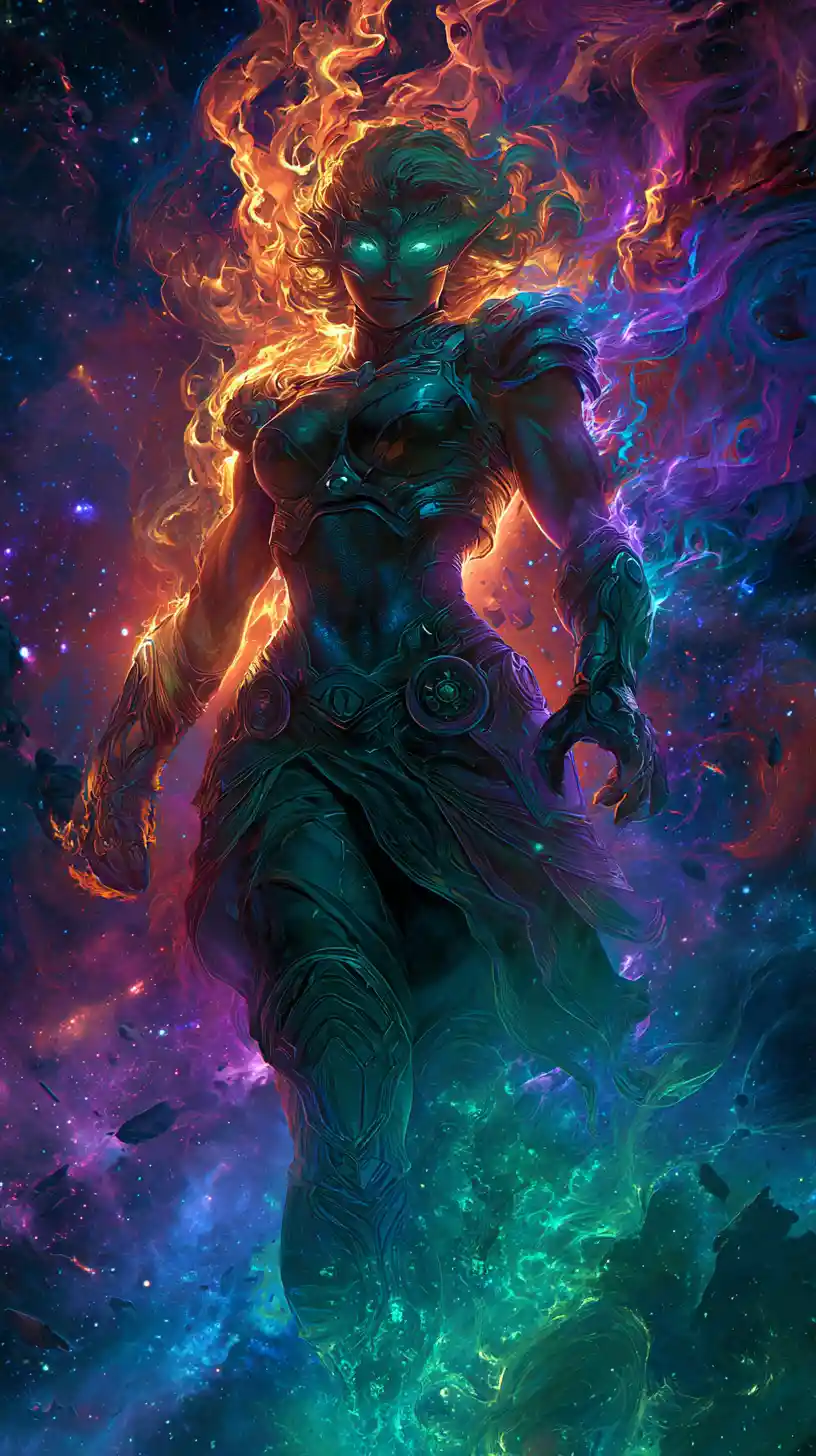 Cosmic warrior woman in elemental flames before nebula galaxies