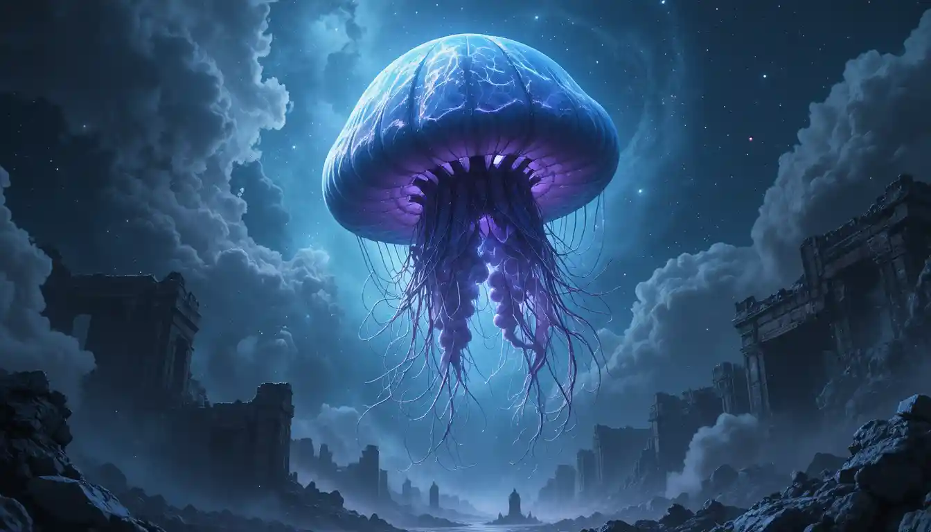 Colossal cosmic jellyfish drifting through glowing starry nebula