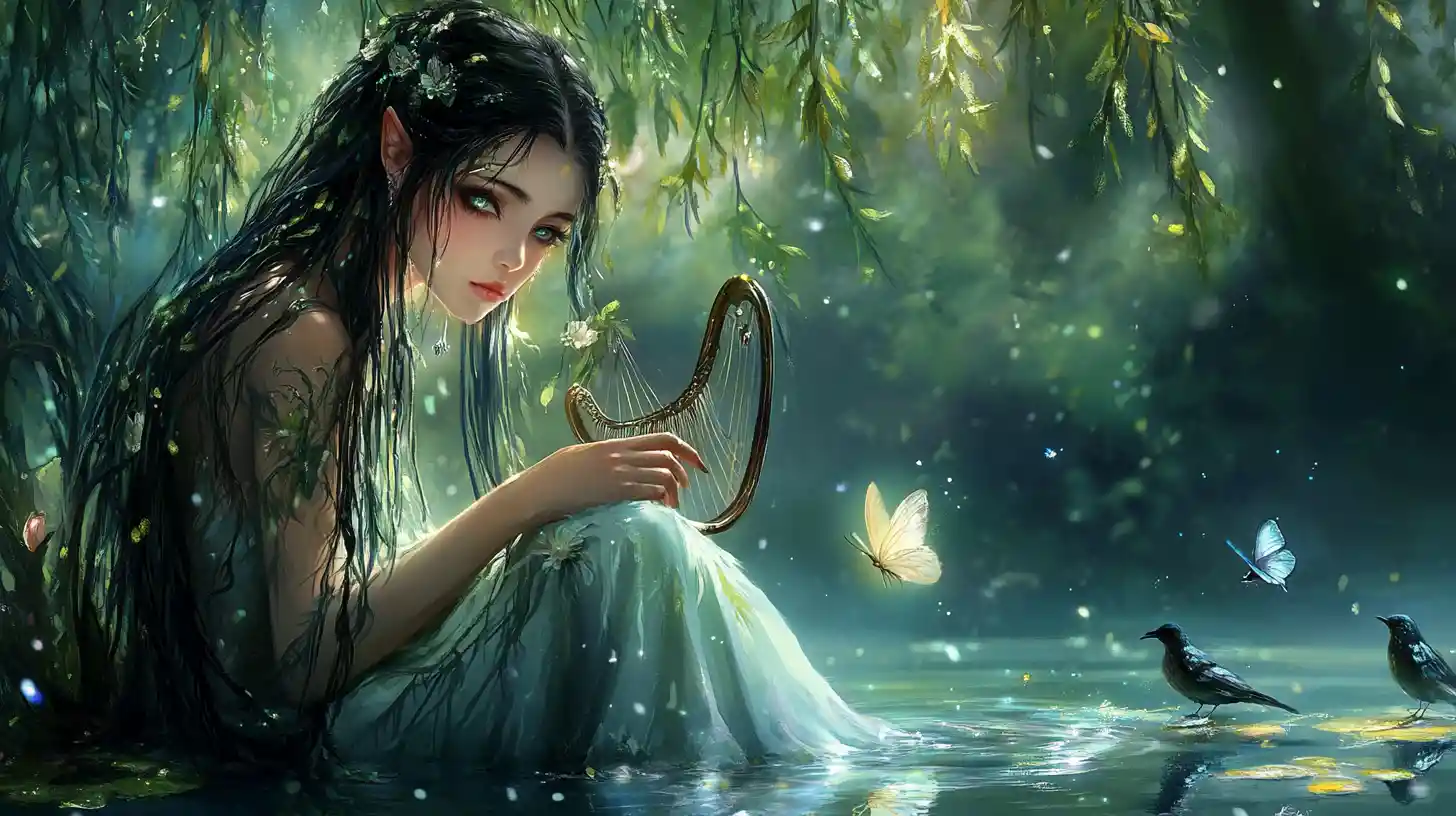 Willow haired woman by a tranquil pond with birds