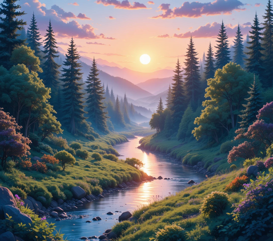 Alba su un tranquillo fiume nella foresta in acquerello stile anime