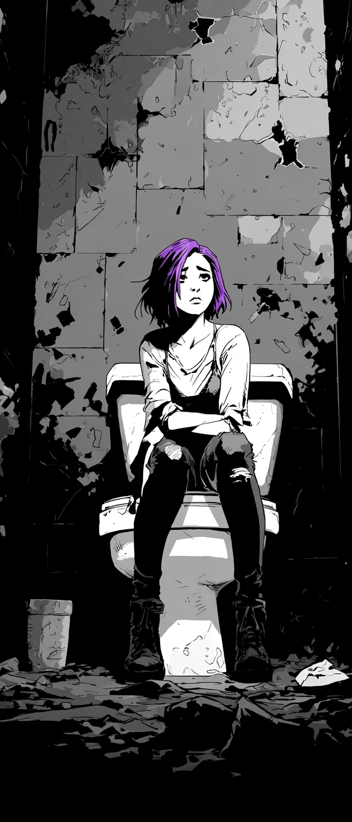 Emo girl portrait in a desolate black and white bathroom