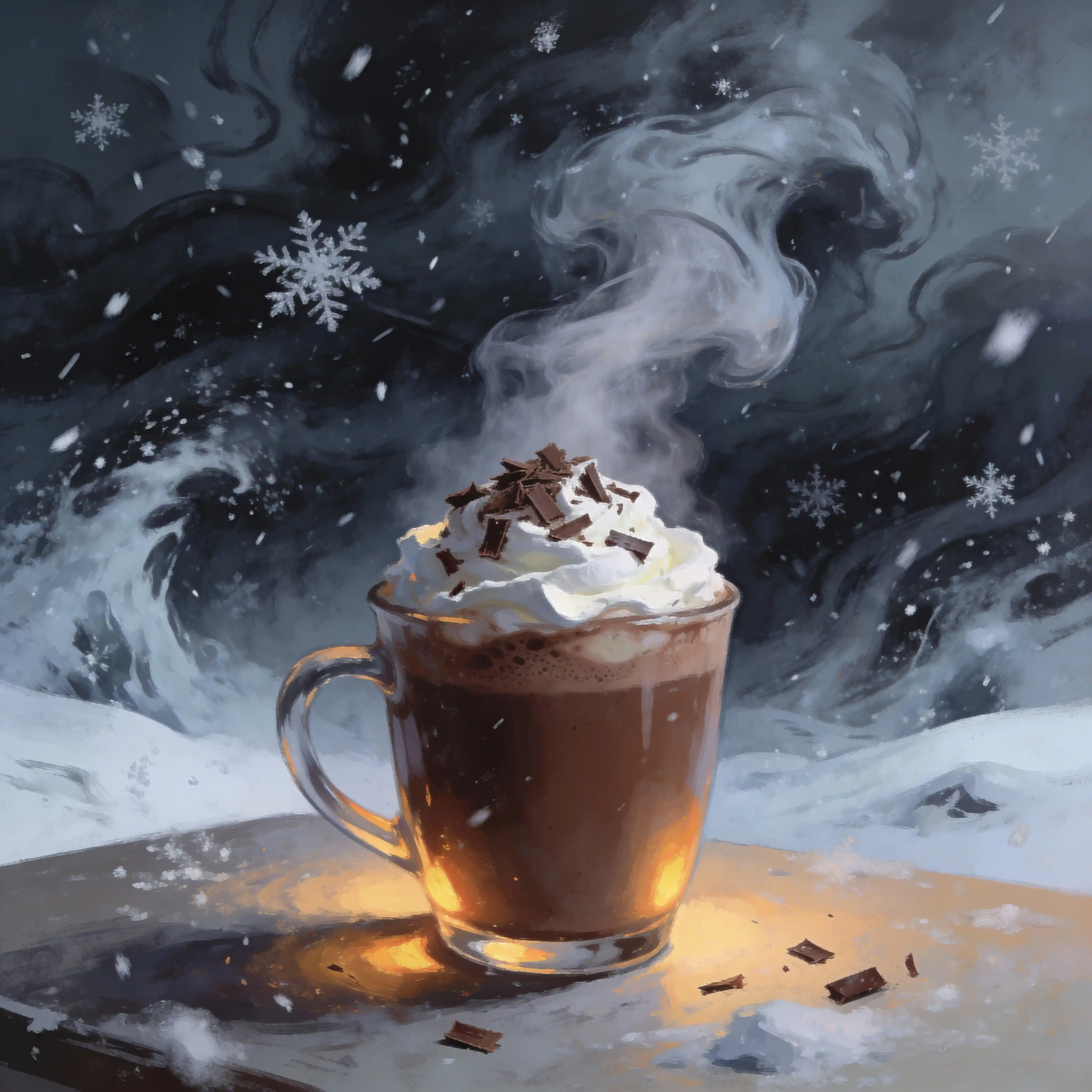 Steaming Hot Chocolate Cup Against Winter Blizzard Background