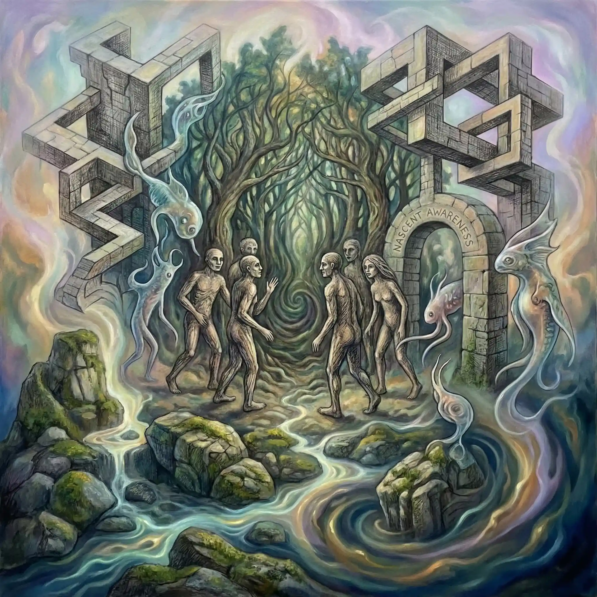 Surreal beings gather at the edge of a mystical forest