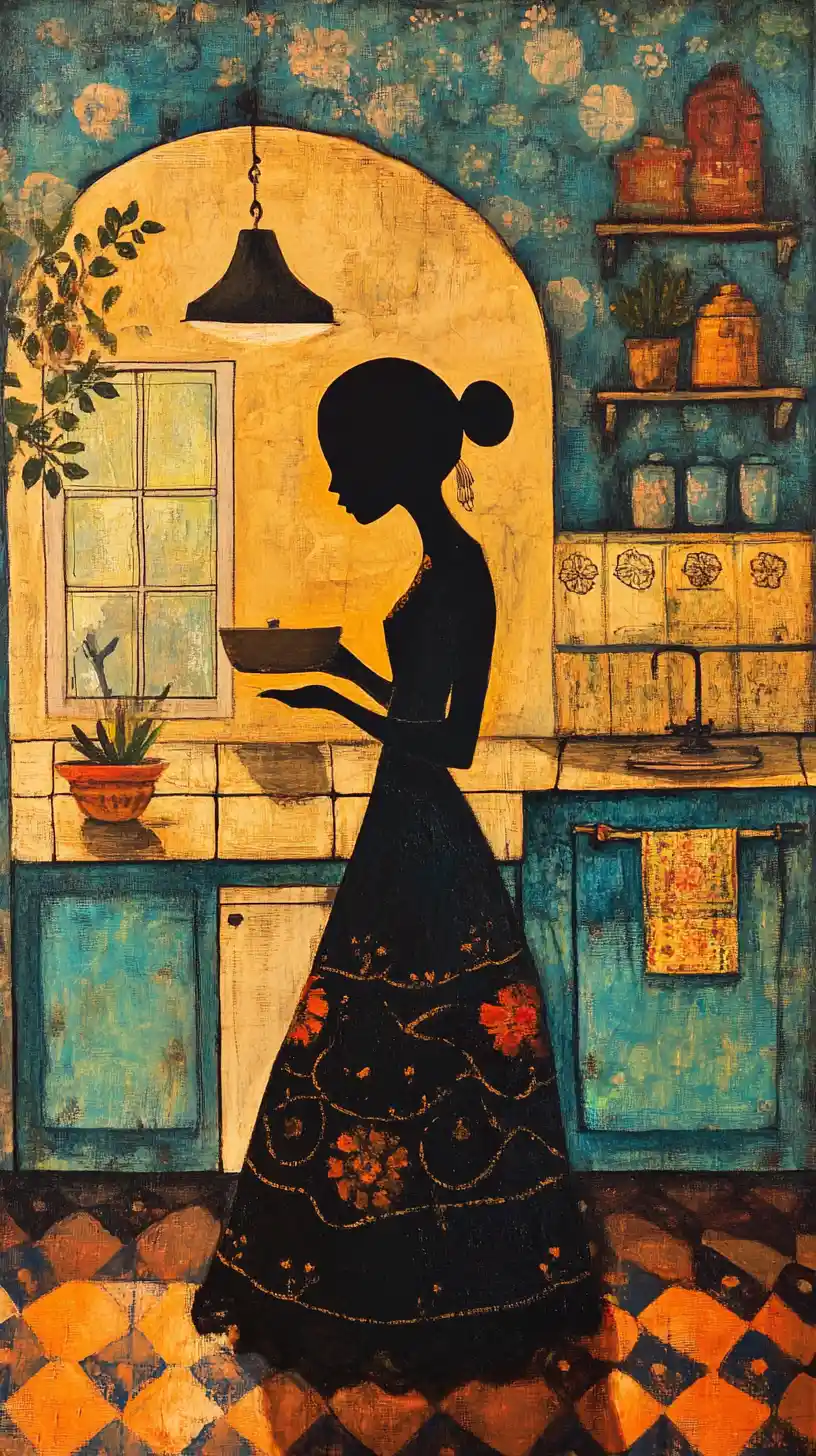 Traditional kitchen within the silhouette of a mexican woman