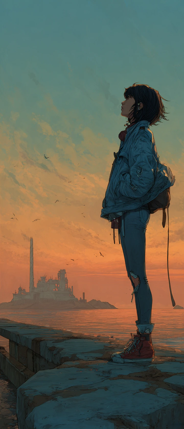 Young vampire girl on a sunrise pier facing final light
