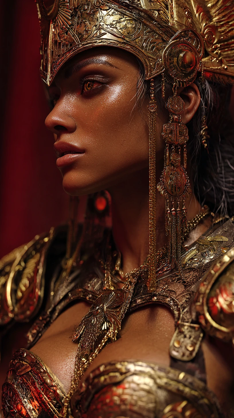 Muscular Middle Eastern warrior goddess in a crimson temple