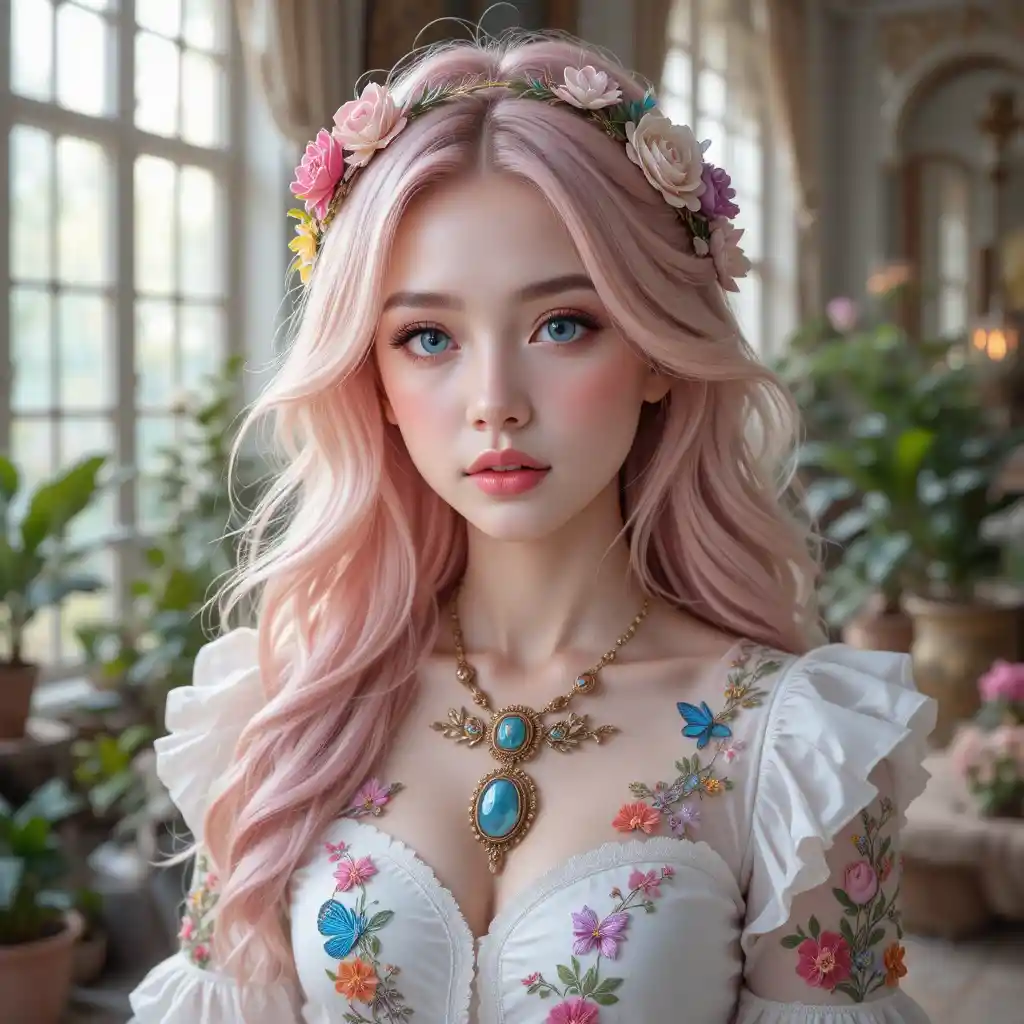 밝은 창가의 플로럴 블라우스를 입은 분홍 머리 소녀