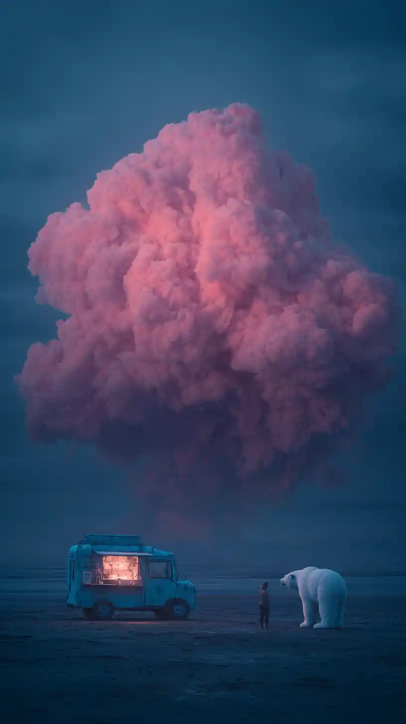 Surreal twilight beach with glowing blue food truck