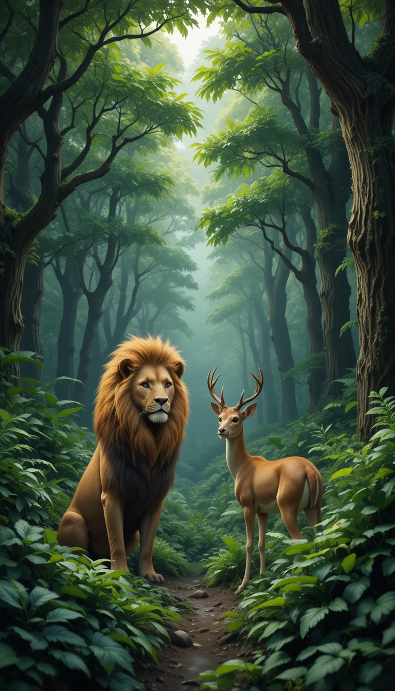 Powerful lion and swift deer in a dense green forest