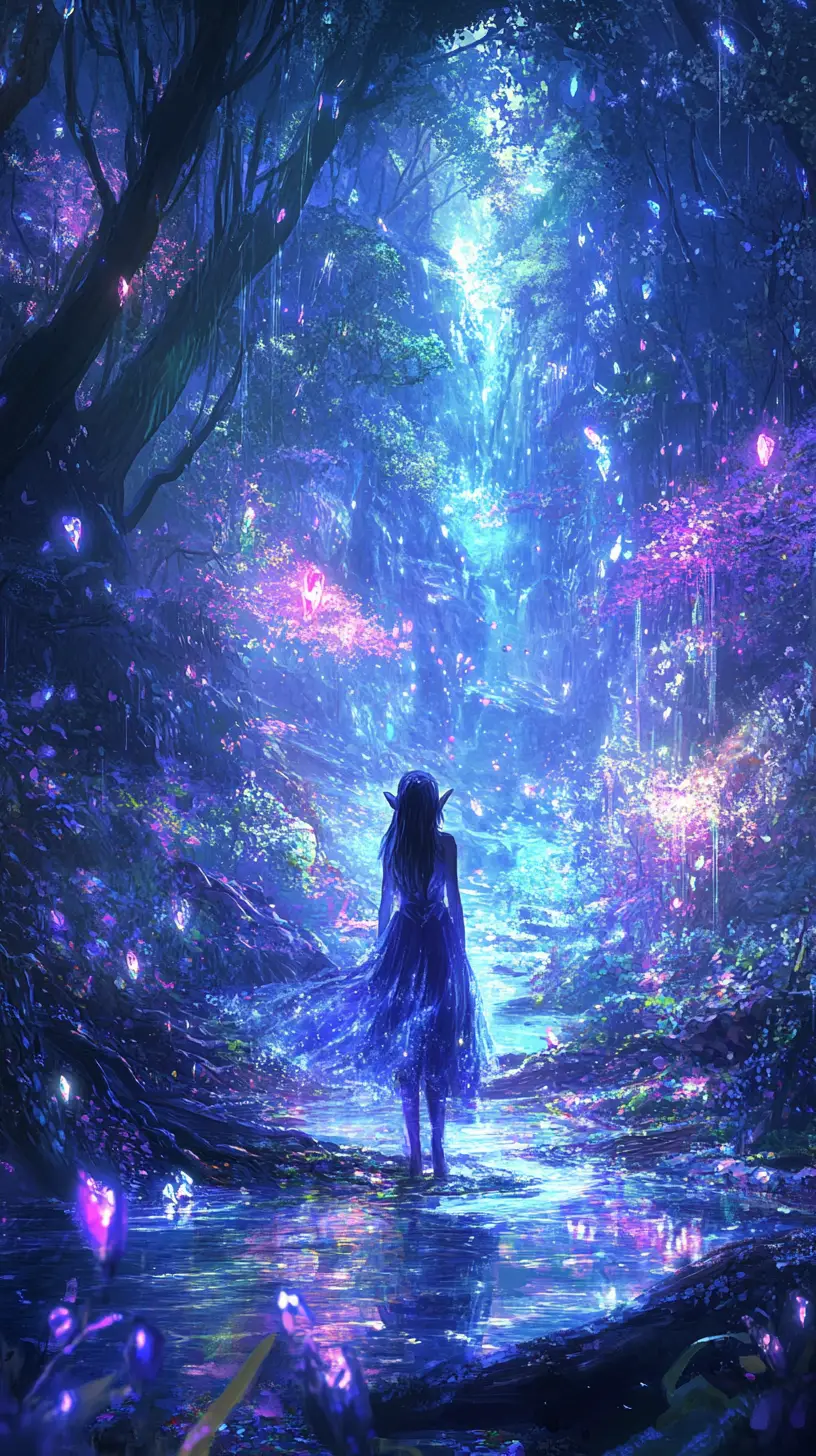 Ätherische Elfenfrau in leuchtender Fantasielandschaft