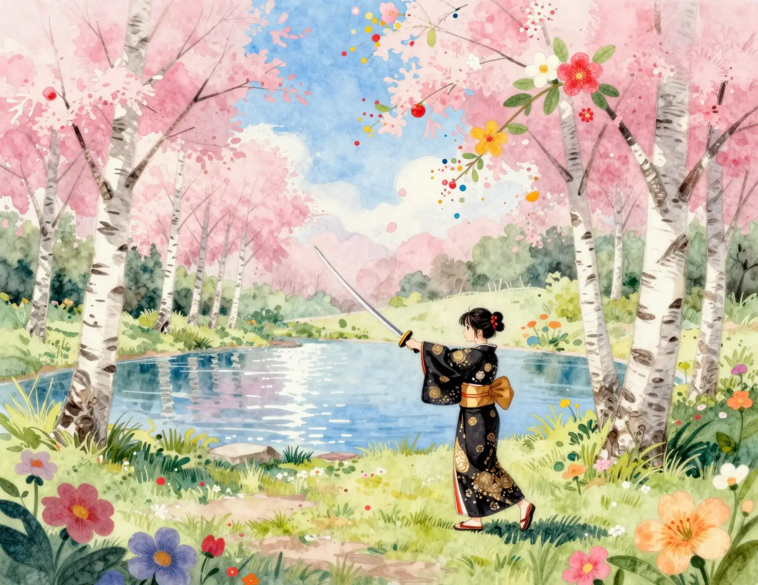Sunlit lakeside with birch trees and floral border artwork