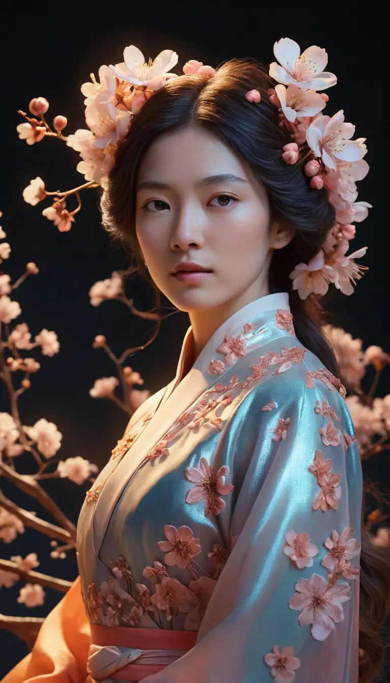 Serene woman in neon lit blossoms and drifting data clouds