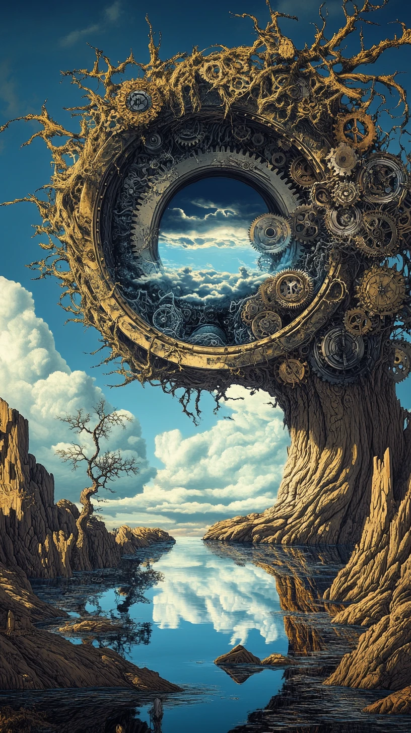 Surrealer barocker Efeu verschlingt kunstvolles Uhrwerk am Wasser