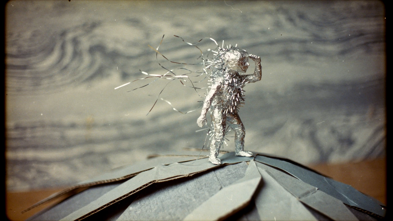 Foil figure on paper mountain under marbled gray blue sky