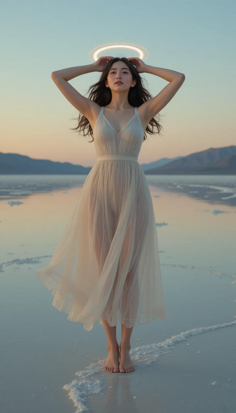 Joyful young woman on reflective salt flat at sunset