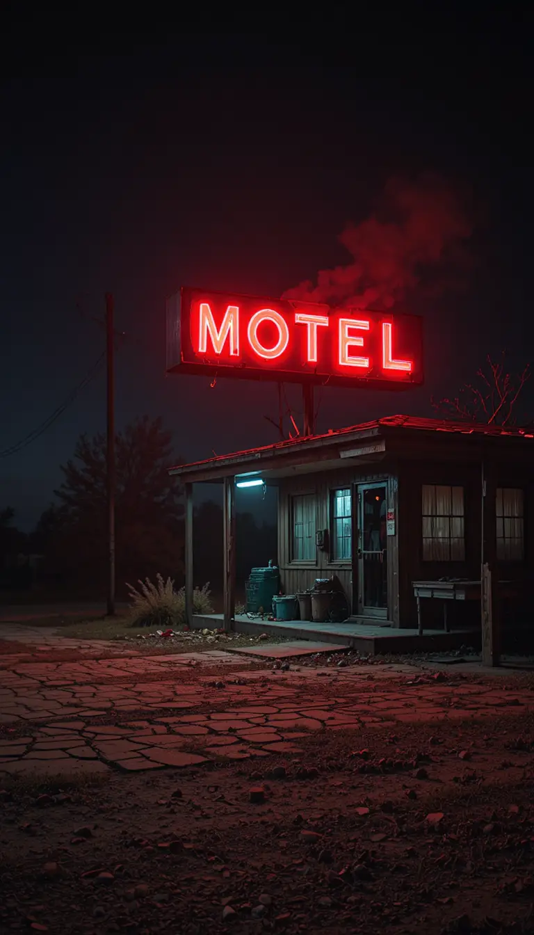 Lonely roadside Texas motel at night with red neon sign