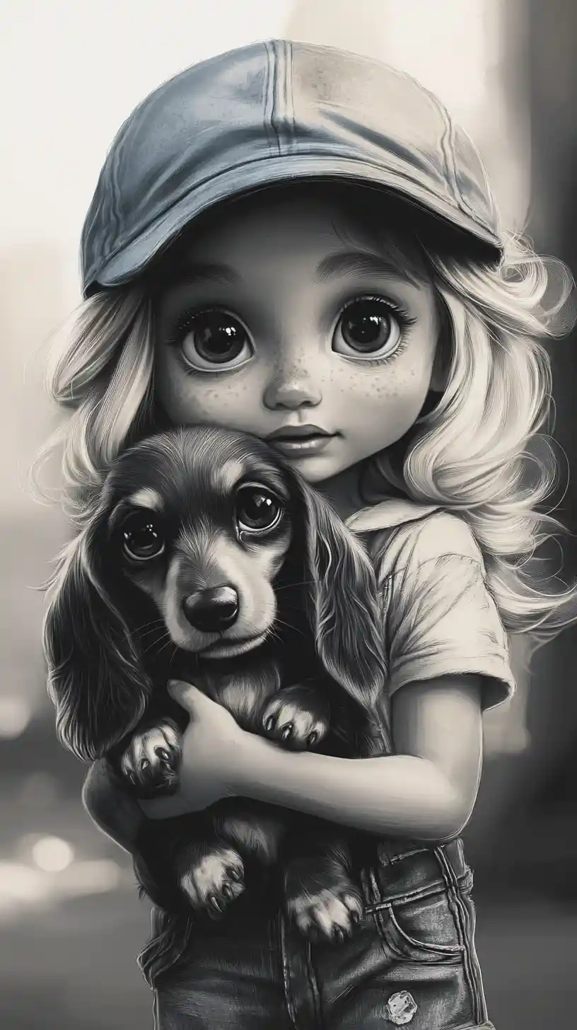 Bambina che abbraccia un cucciolo di bassotto in illustrazione a inchiostro
