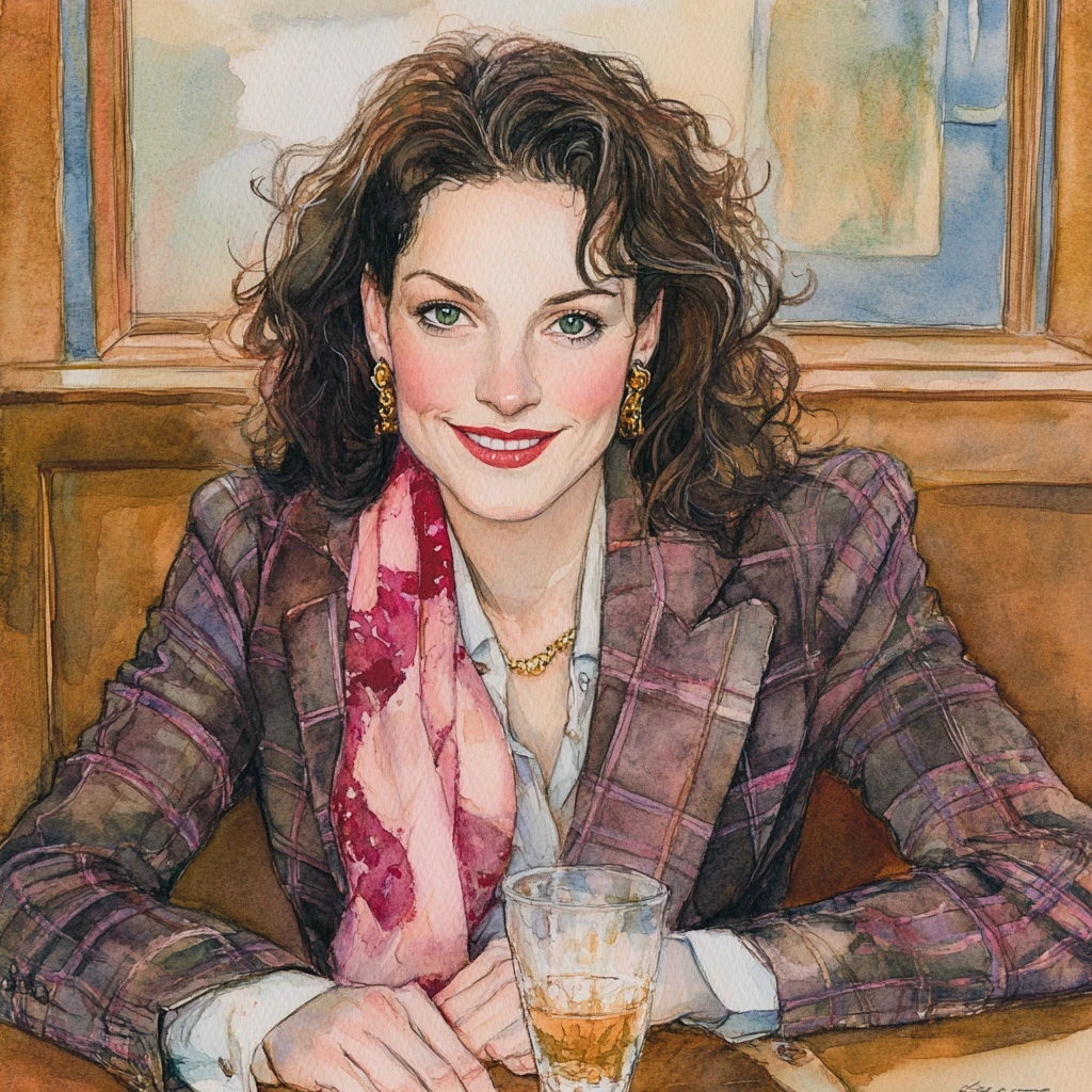 Lächelnde stilvolle Frau in einem Aquarell-Café-Porträt