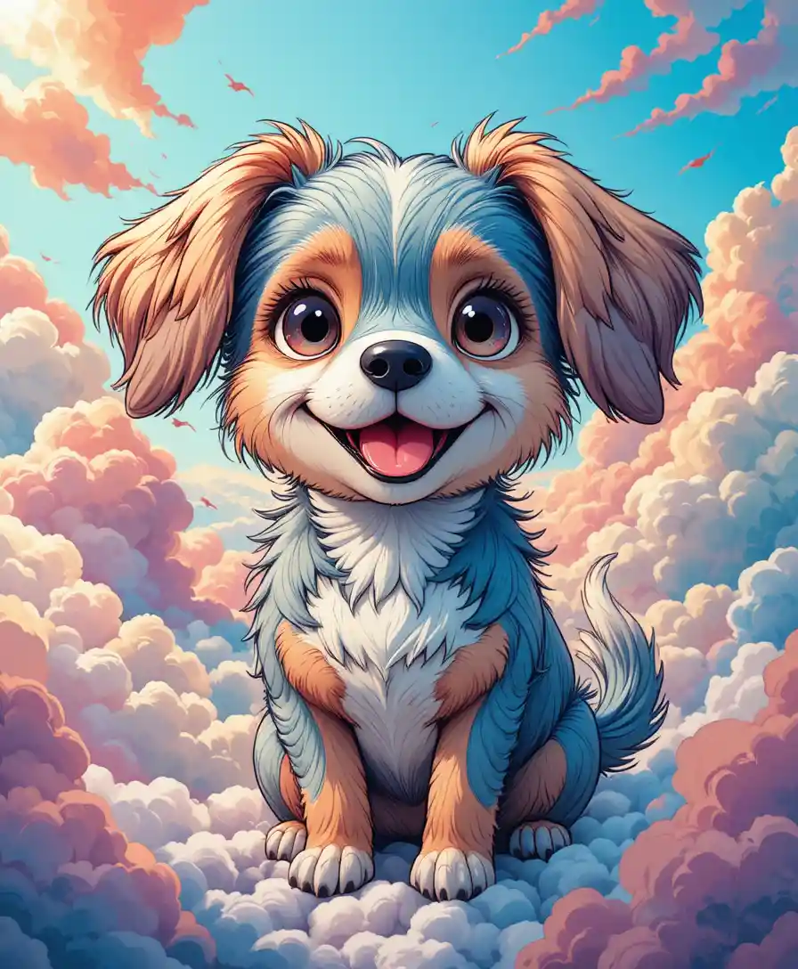 Cheerful Kawaii Dog Against Dreamy Colorful Clouds