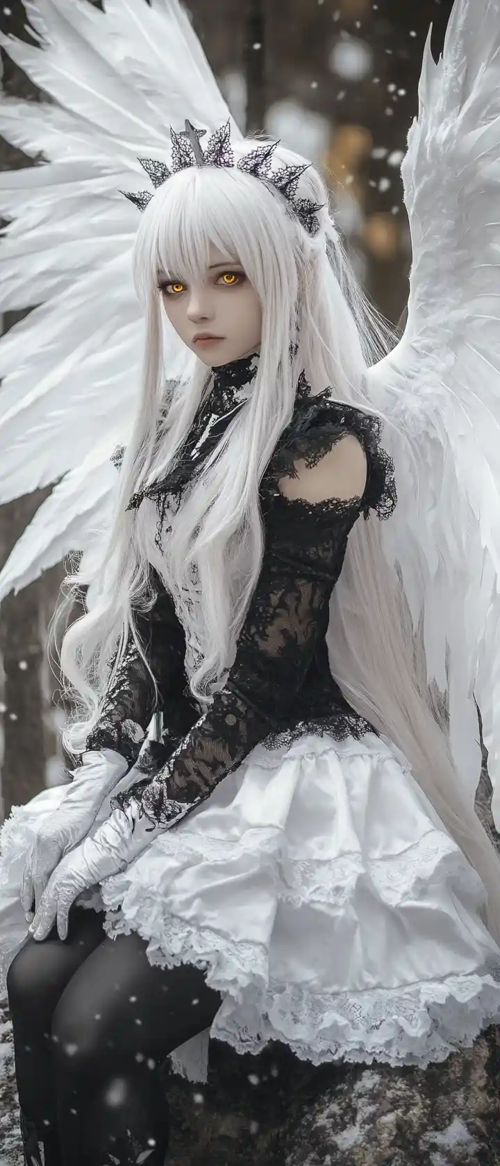 White haired winged girl sitting on a snowy rock