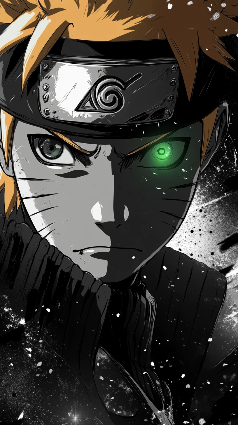 Intense anime hero close up with glowing green eye