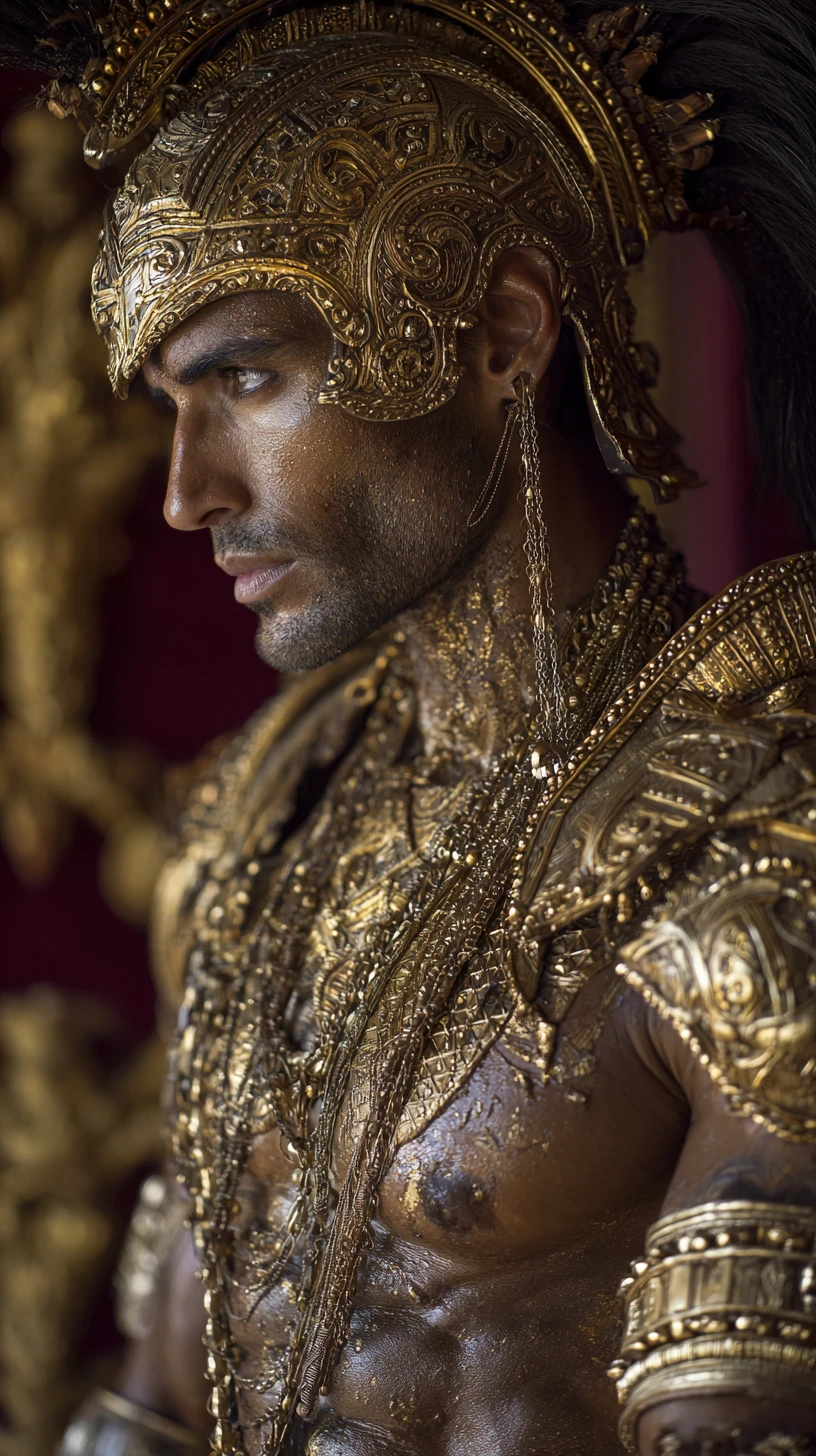 Middle Eastern warrior goddess in golden armor profile