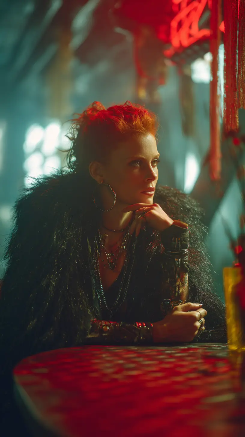 Muscular red haired woman in neon cyberpunk portrait