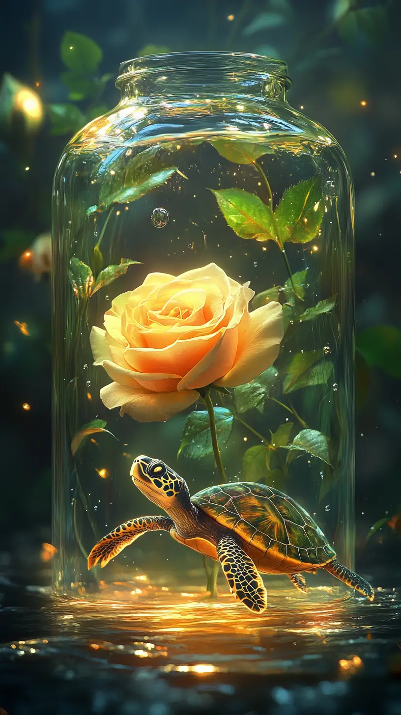 Yellow rose and glowing turtle in glass container illustration