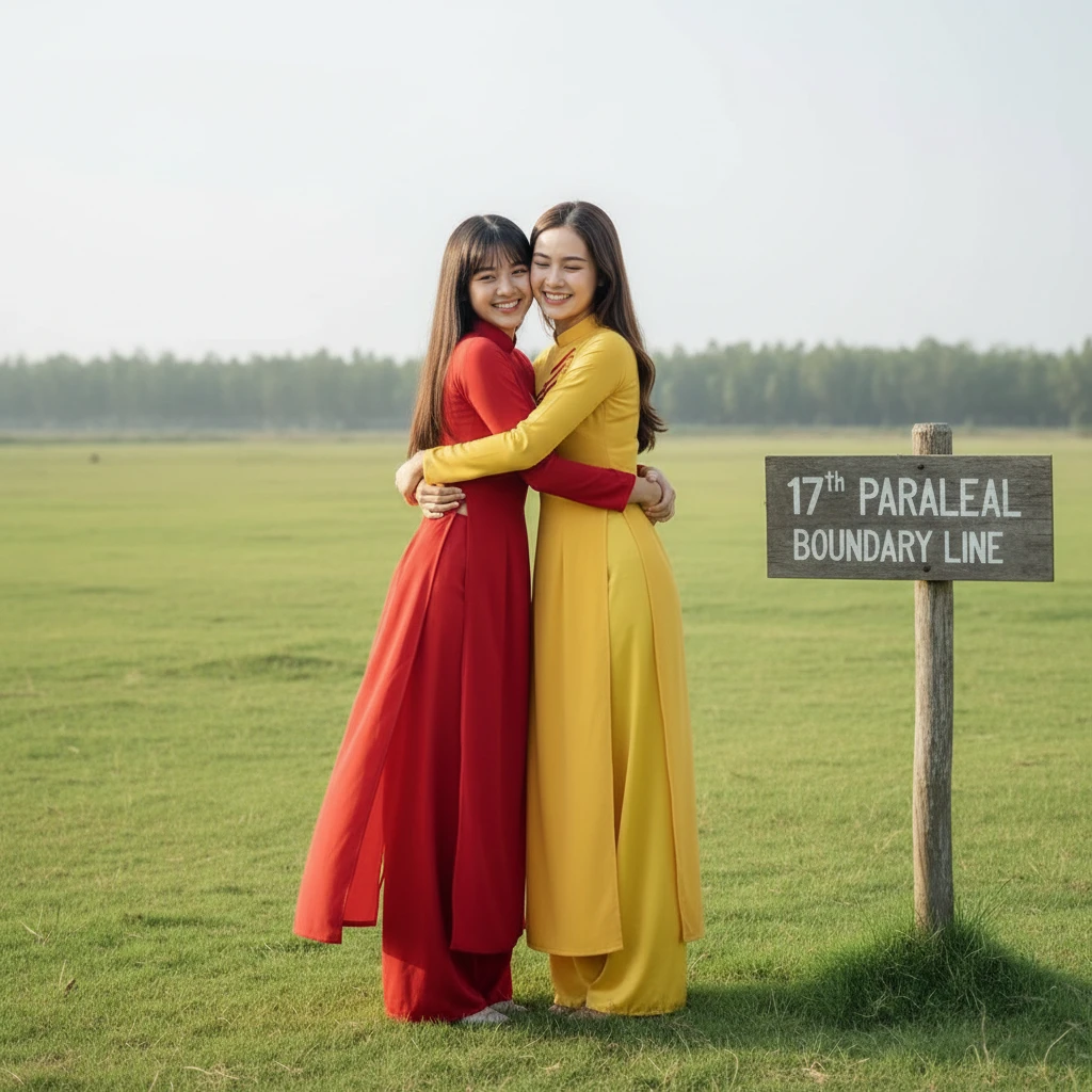 Zwei Mädchen im traditionellen Ao Dai, die sich auf grünem Gras umarmen
