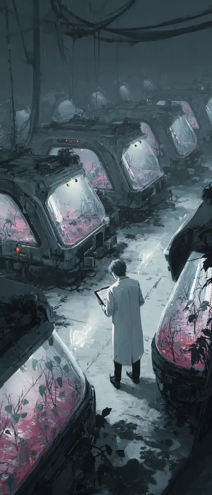 Vampire scientist alone in ruined biotech laboratory