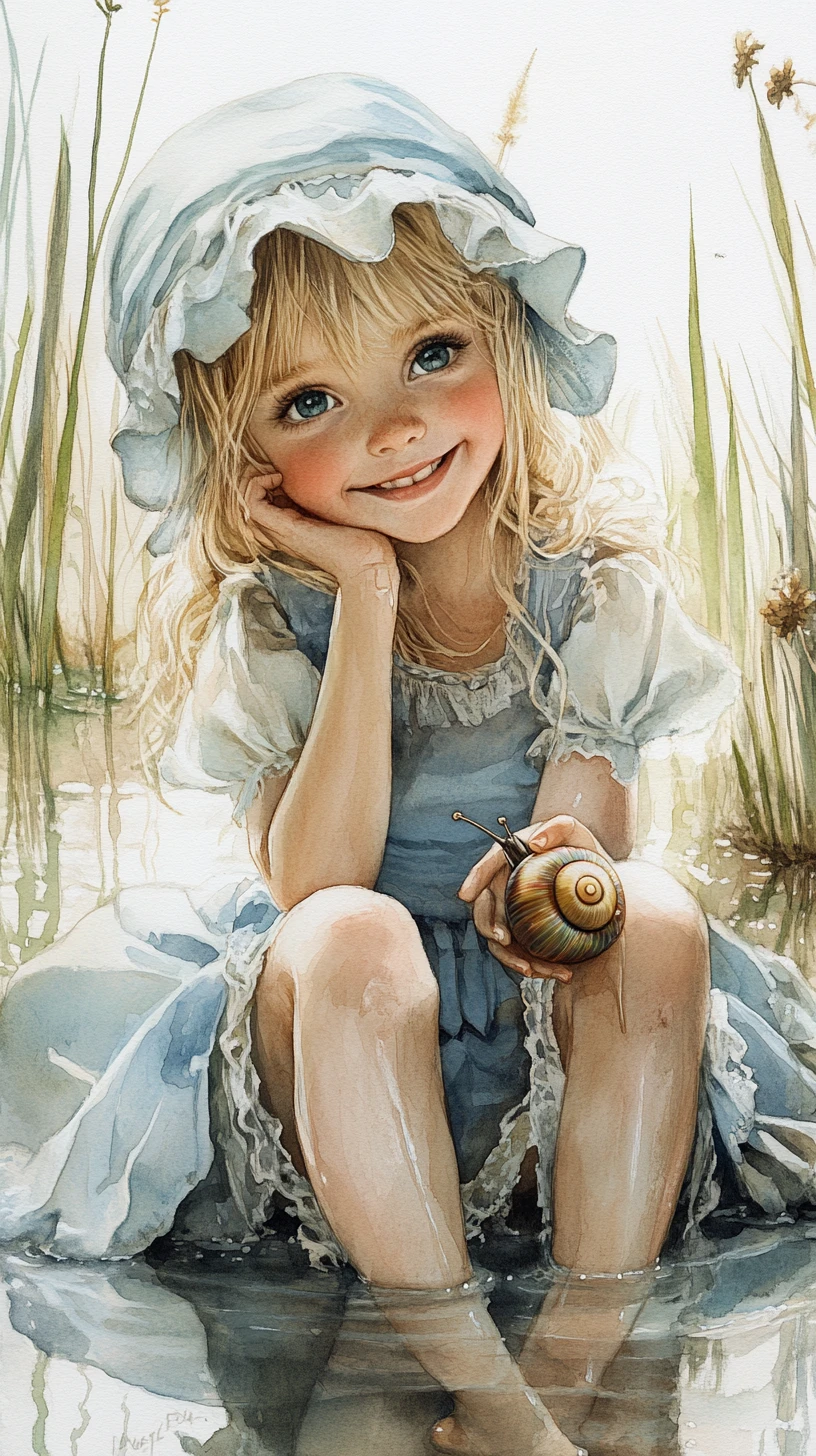 Fille en aquarelle au bord de l’eau tenant un petit escargot