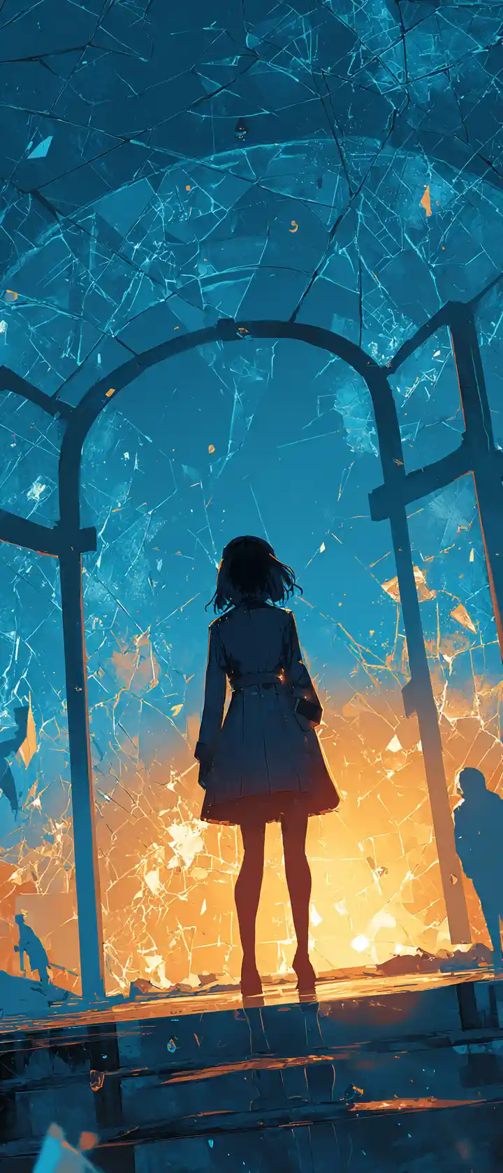 Vampire nurse reaching through cracked glass at dawn