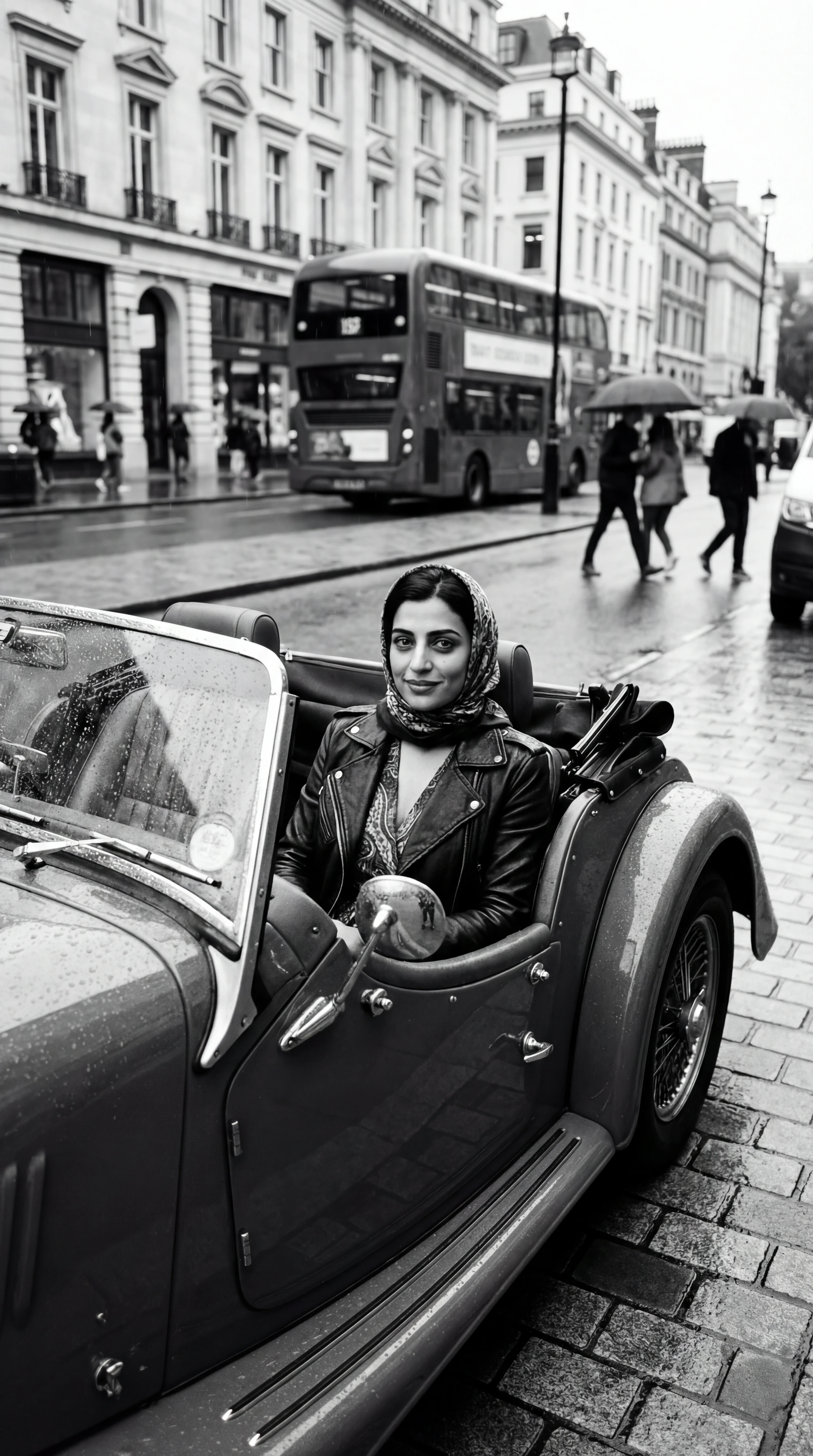Donna elegante in cabriolet d’epoca in una strada di Londra