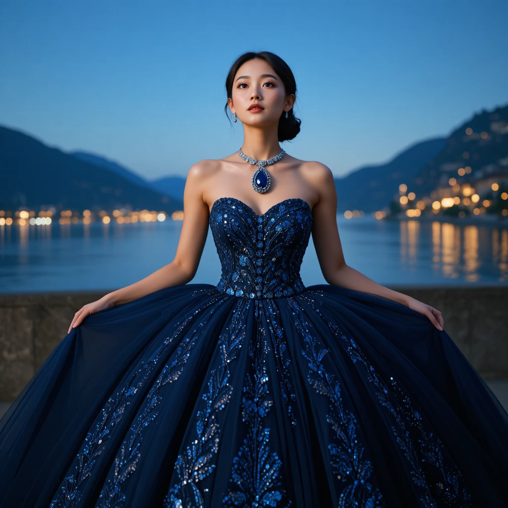 Mujer elegante con vestido de baile azul medianoche bajo un cielo nocturno estrellado