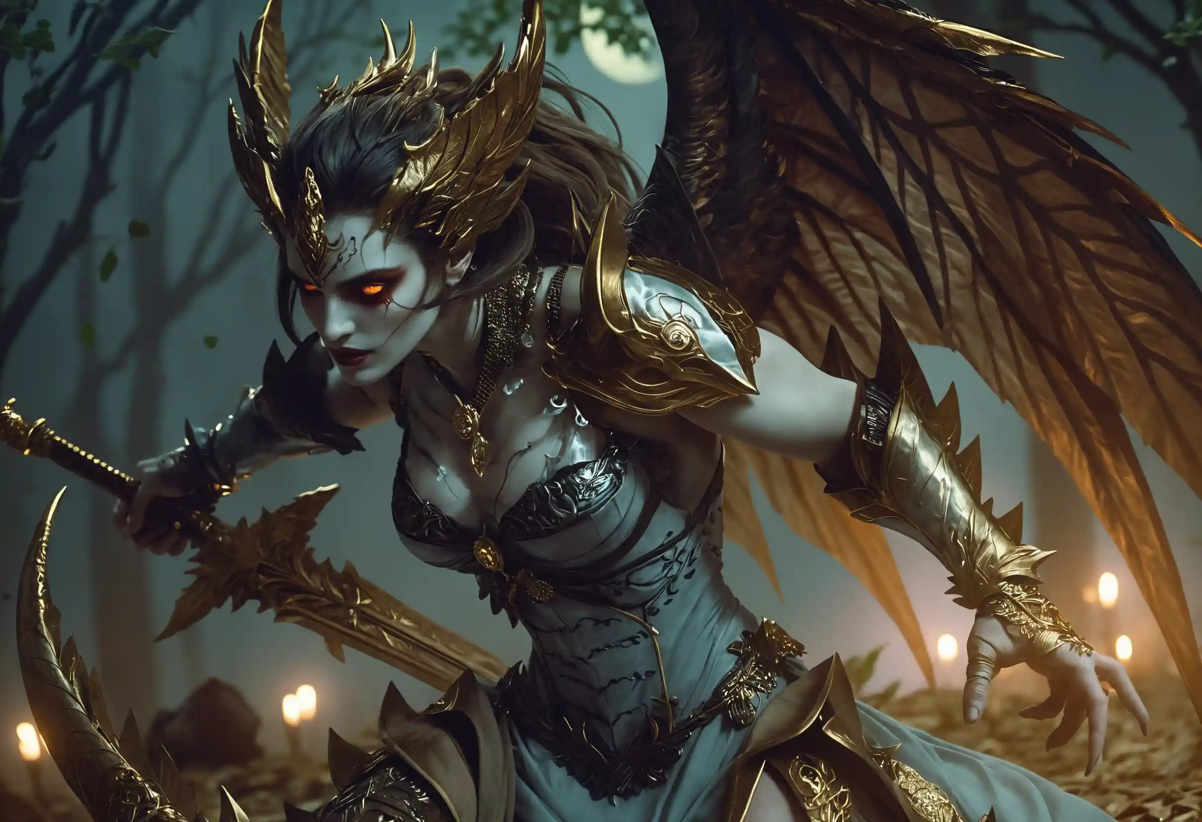 Dark haired fallen woman in moonlit gothic fantasy scene