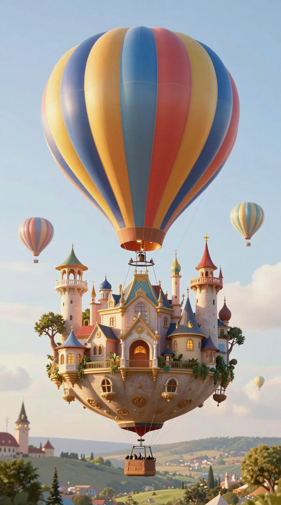 Reino de fantasía flotante llevado por un globo aerostático radiante