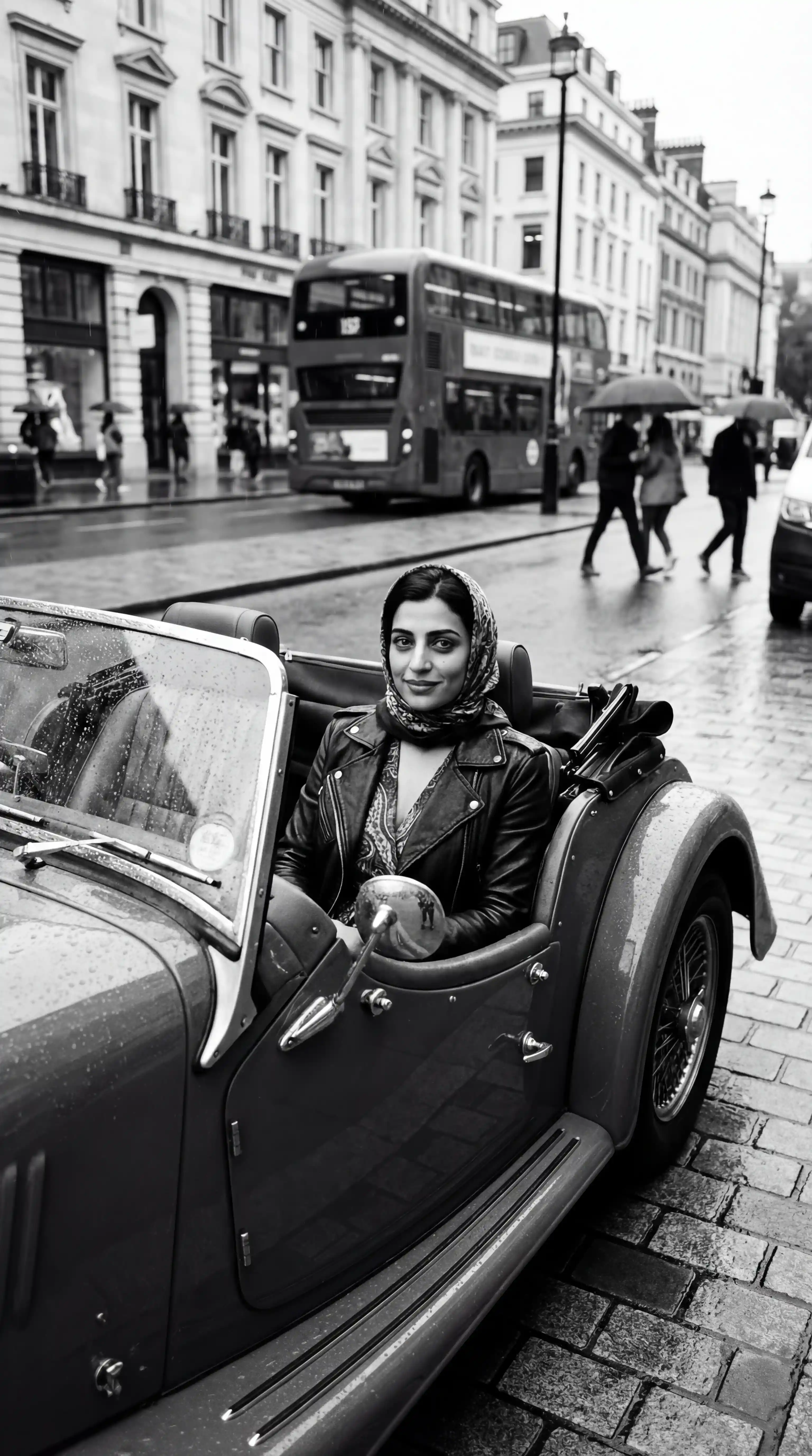 Donna elegante in cabriolet d’epoca in una strada di Londra