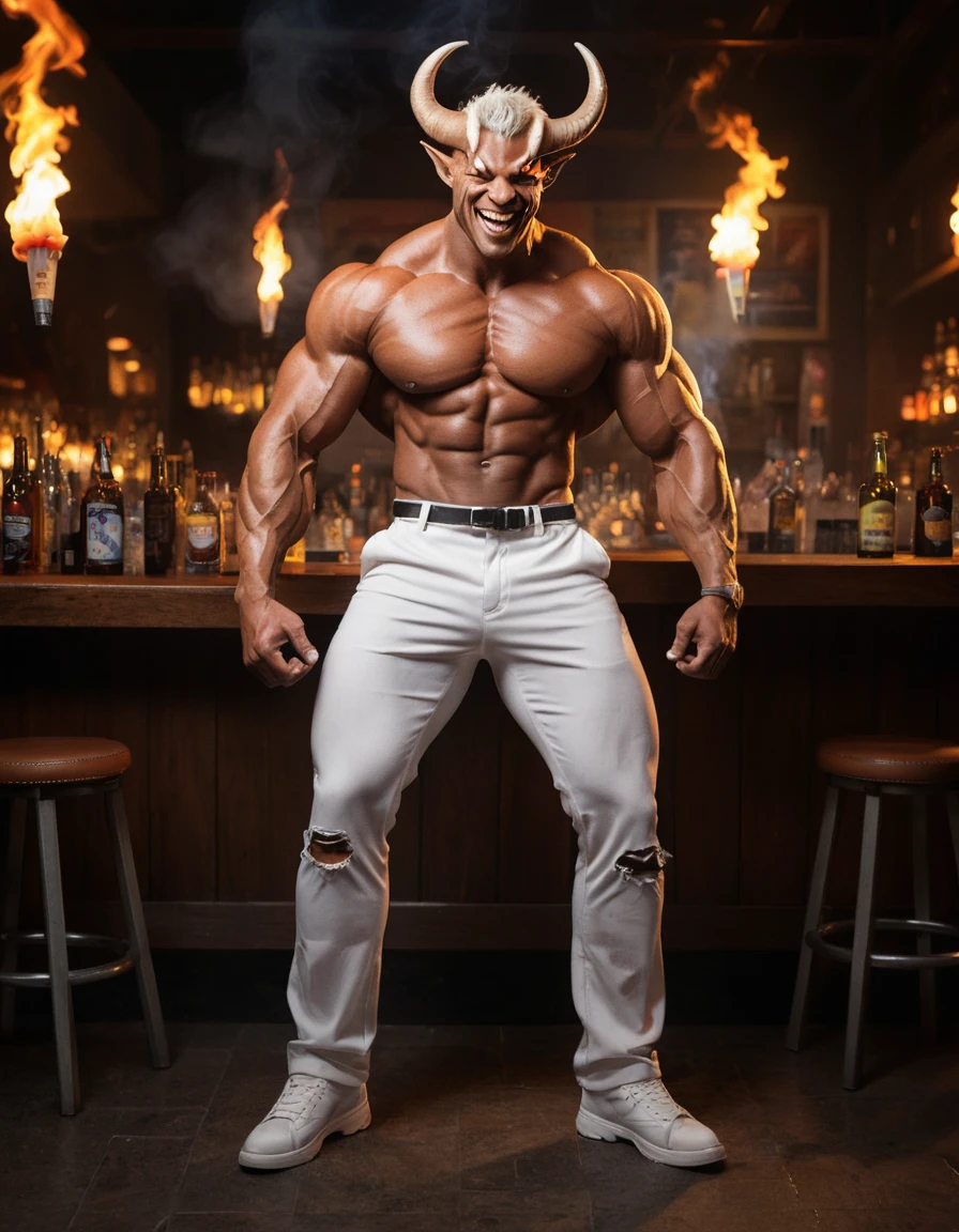 Muscular horned monster smoking in a dark bar scene