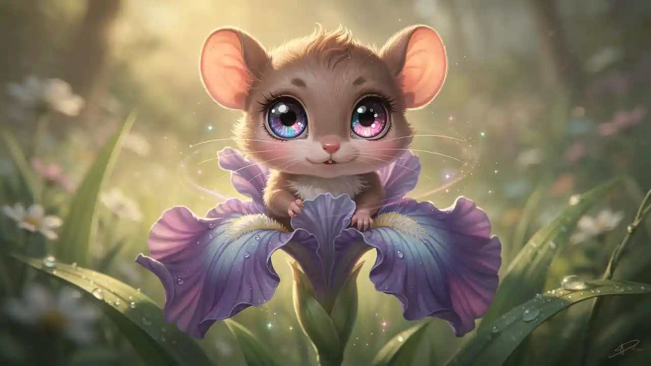 무성한 봄 정원 붓꽃 꽃잎 위의 아주 작은 아기 생쥐